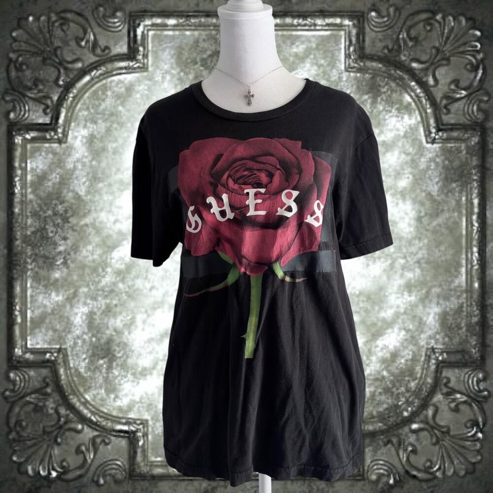 large red rose print gothic “guess” lettering streetwear grunge core top